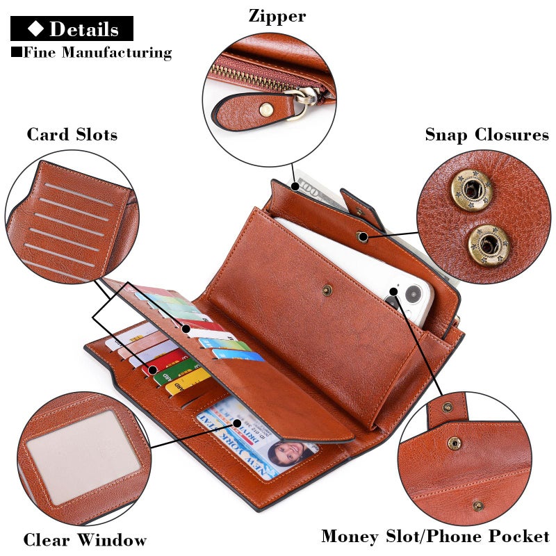 Women's Long Wallet with Oiled Wax Finish, Multi-card Holder, RFID Blocking - Image 4