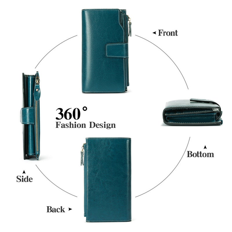 Women's Long Wallet with Oiled Wax Finish, Multi-card Holder, RFID Blocking - Image 2
