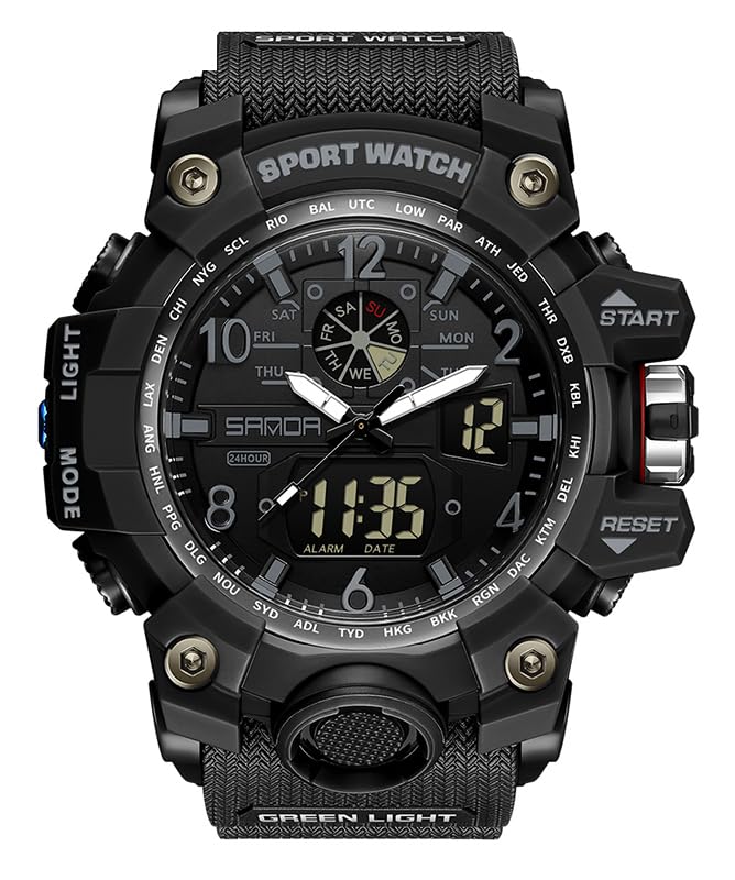 FANMIS Mens Military Multifunction Digital Watches 50M Water Resistant Electronic 7 Color LED Backlight Black Sports Watch (Black) - Image 1
