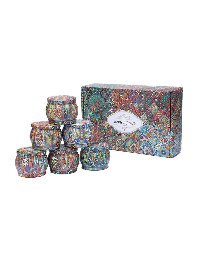 مجموعة من 6 شموع معطرة، شموع منزلية إبداعية معطرة، مجموعة شموع من شمع الصويا في علب صفيح - Image 1