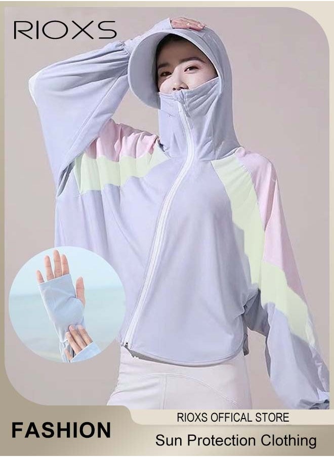 RIOXS Women's UPF 50+ Sun Protection Clothing, Outdoor Lightweight Full Zip Hoodie Jacket with Face Mask Design, Comfy Breathable Long Sleeve Coat with Thumbholes and Large Brim, Suitable for Daily Wear, Sports Training, Hiking, Fishing, Climbing or Other Outdoor Activities  - Image 1
