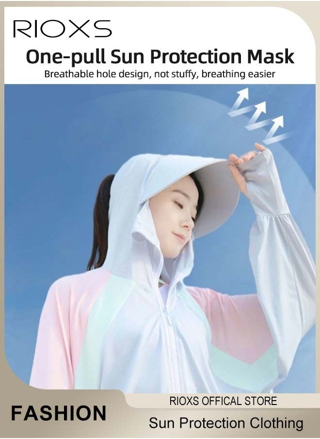 RIOXS Women's UPF 50+ Sun Protection Clothing, Outdoor Lightweight Full Zip Hoodie Jacket with Face Mask Design, Comfy Breathable Long Sleeve Coat with Thumbholes and Large Brim, Suitable for Daily Wear, Sports Training, Hiking, Fishing, Climbing or Other Outdoor Activities  - Image 3
