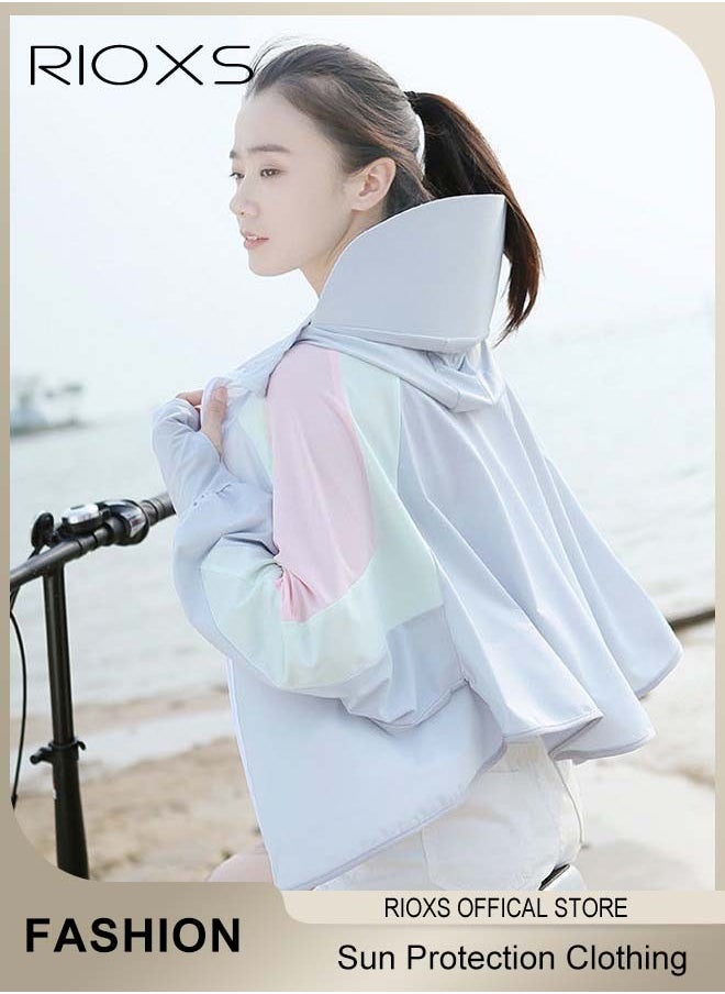 RIOXS Women's UPF 50+ Sun Protection Clothing, Outdoor Lightweight Full Zip Hoodie Jacket with Face Mask Design, Comfy Breathable Long Sleeve Coat with Thumbholes and Large Brim, Suitable for Daily Wear, Sports Training, Hiking, Fishing, Climbing or Other Outdoor Activities  - Image 2