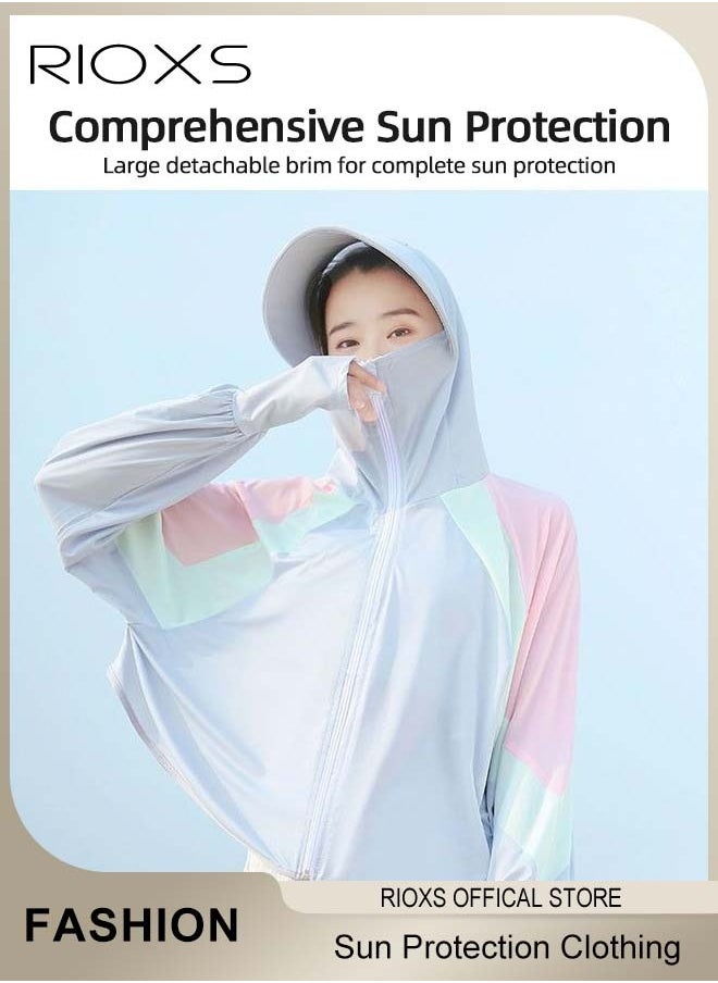 RIOXS Women's UPF 50+ Sun Protection Clothing, Outdoor Lightweight Full Zip Hoodie Jacket with Face Mask Design, Comfy Breathable Long Sleeve Coat with Thumbholes and Large Brim, Suitable for Daily Wear, Sports Training, Hiking, Fishing, Climbing or Other Outdoor Activities  - Image 4