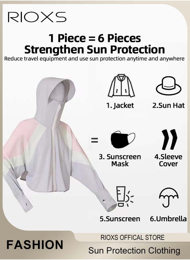 RIOXS Women's UPF 50+ Sun Protection Clothing, Outdoor Lightweight Full Zip Hoodie Jacket with Face Mask Design, Comfy Breathable Long Sleeve Coat with Thumbholes and Large Brim, Suitable for Daily Wear, Sports Training, Hiking, Fishing, Climbing or Other Outdoor Activities  - Image 5