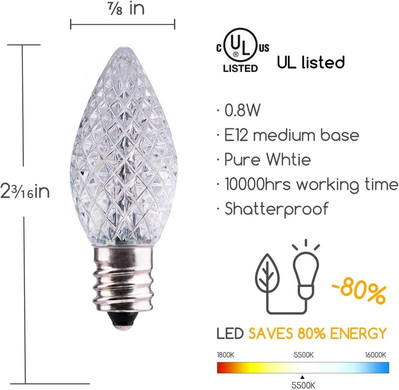 Brightown 50 Pack C7 Led Replacement Christmas Light Bulb C7 Shatterproof Led Bulbs for Christmas String Lights E12 Candelabra Base Commercial Grade Dimmable Holiday Bulbs Cool White - Image 2