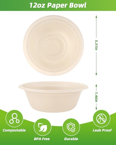 Dynta Paper Bowls 260 Pcs 12oz Compostable EcoFriendly Disposable Soup Heavy Duty Bulk Small Salad bowls for Parties Picnic Natural Brown - Image 5