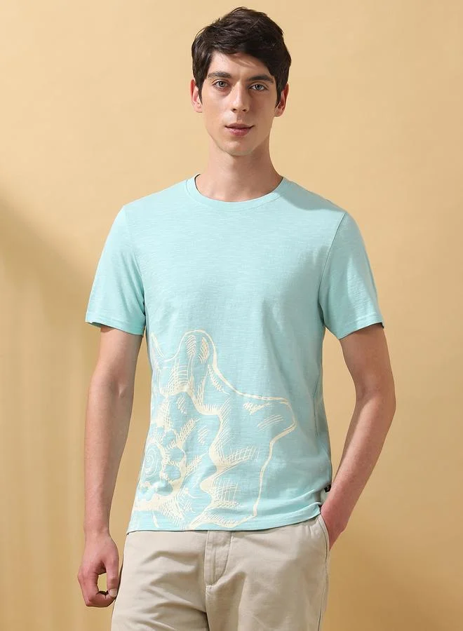 دينيس لينغو تيشيرت رجالي قطن 1% مطبوع مقاس عادي بلون أزرق بيضوي