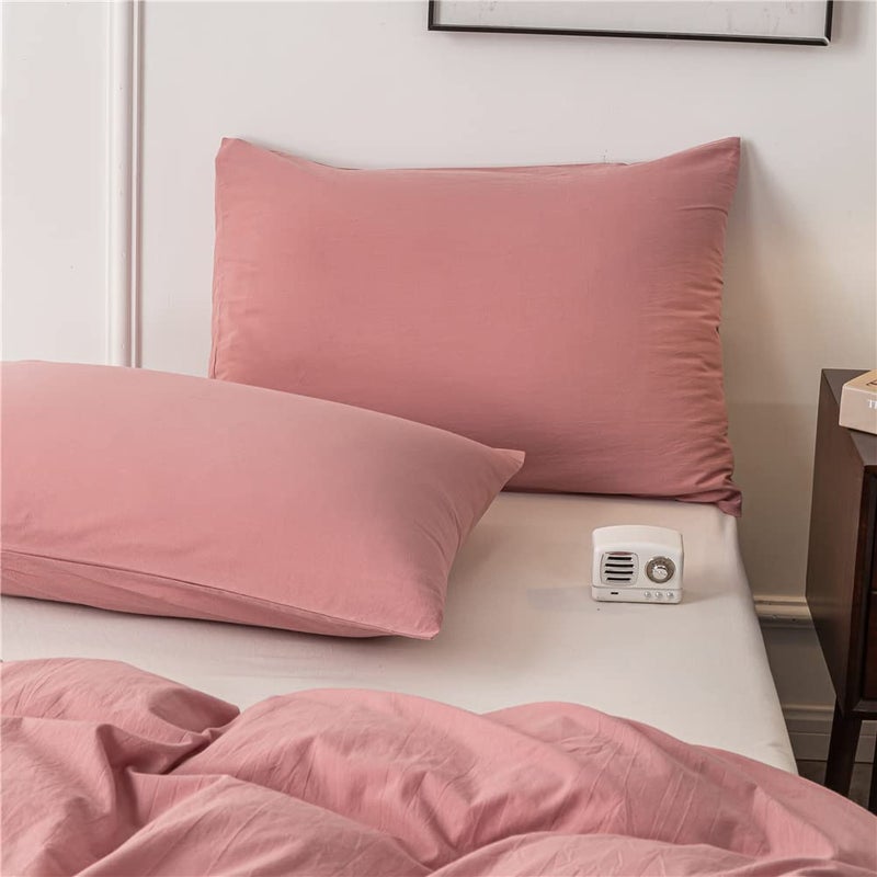 Janlive Washed Cotton Duvet Cover King Ultra Soft 100% Cotton Solid Color Rose Duvet Cover Set with Zipper Closure -3 Pieces Pink Bean Paste King - Image 5