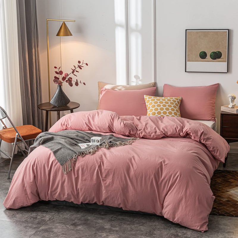 Janlive Washed Cotton Duvet Cover King Ultra Soft 100% Cotton Solid Color Rose Duvet Cover Set with Zipper Closure -3 Pieces Pink Bean Paste King - Image 2