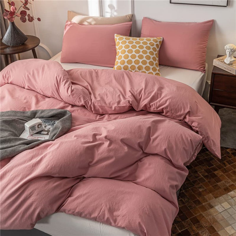 Janlive Washed Cotton Duvet Cover King Ultra Soft 100% Cotton Solid Color Rose Duvet Cover Set with Zipper Closure -3 Pieces Pink Bean Paste King - Image 4