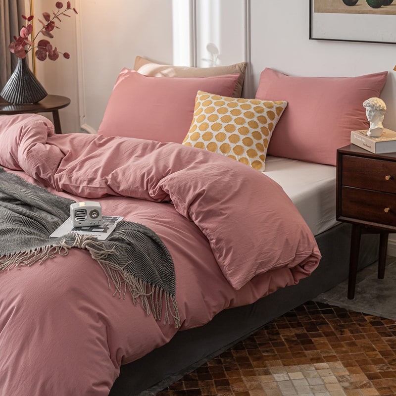 Janlive Washed Cotton Duvet Cover King Ultra Soft 100% Cotton Solid Color Rose Duvet Cover Set with Zipper Closure -3 Pieces Pink Bean Paste King - Image 3