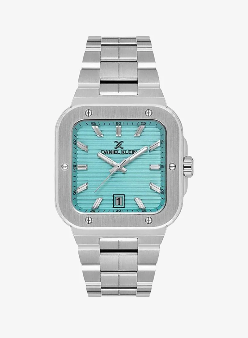 Daniel Klein Men's Stainless Steel Silver Brass Case Analog Blue Square Emboss Dial Japanese Quartz Premium 50 Meters Water Resistant