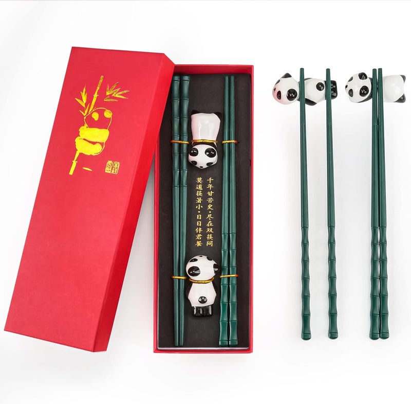 Young Dance Non-slip Chopsticks and Chopstick Rest Gift Set, 2 Pairs Reusable Panda Chopsticks with Red Gift Case, Dishwasher Safe Chopsticks with Cute Panda Holders for Thanksgiving Day, Christmas(Green） - Image 1