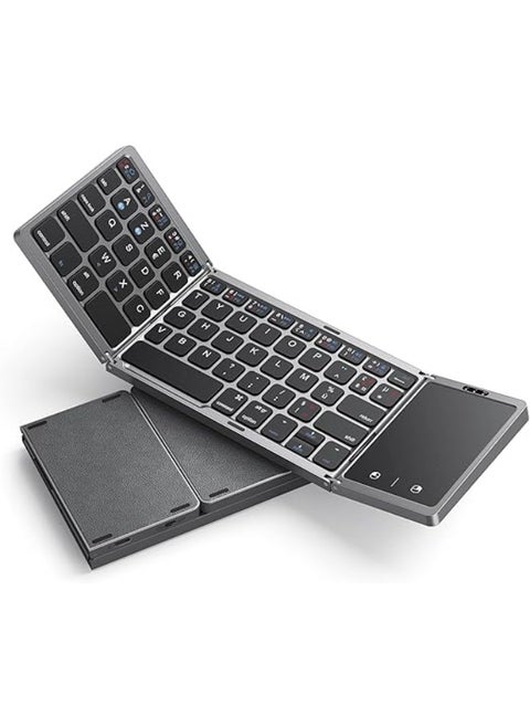 Wireless Foldable Keyboard with Touchpad – Rechargeable, Portable, Dual Bluetooth for Laptop/Tablet/Smart TV, Compatible with Windows, iOS, MacOS, Android – Gray