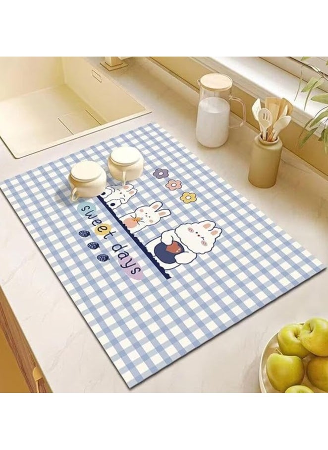 LESTER LESTER Kitchen Drying Mat, Water Absorbant Super Absorbent Kitchen Dryer Mat, Quick Drying Bathroom Carpet, Non-slip Entrance Doormat Diatom Leather Skin Floor Mats Home Decor Set Rectangle Shape Rappit Design Blue and White Color 50x80cm  - Image 1