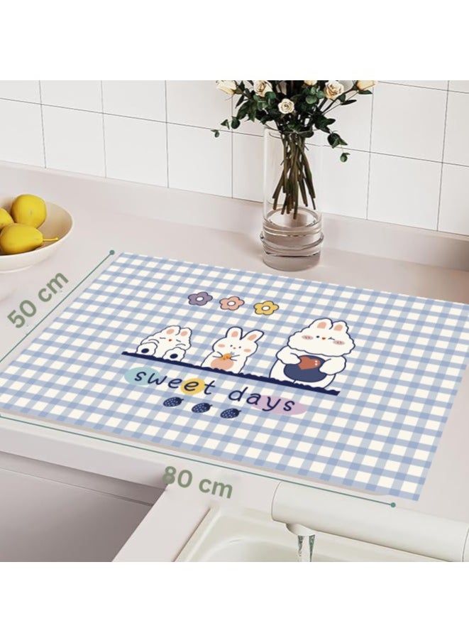 LESTER LESTER Kitchen Drying Mat, Water Absorbant Super Absorbent Kitchen Dryer Mat, Quick Drying Bathroom Carpet, Non-slip Entrance Doormat Diatom Leather Skin Floor Mats Home Decor Set Rectangle Shape Rappit Design Blue and White Color 50x80cm  - Image 2