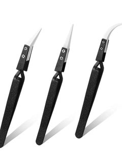 Excefore Reverse Tweezers, 3 Pieces Black Precision Cross Locking Tweezers Ceramic Tip Kit for Electronic Soldering, Soldering Tool with Tips  - Image 1