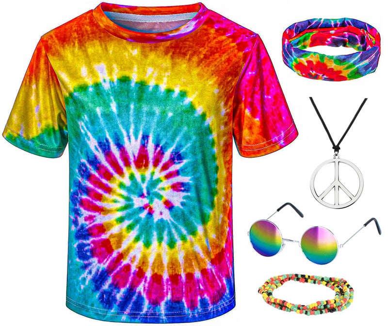 TOGROP Kids Hippie Costume for Boys Girls 60s 70s TShirt 5Pcs Set for Halloween Party 34T Multicolor - Image 3