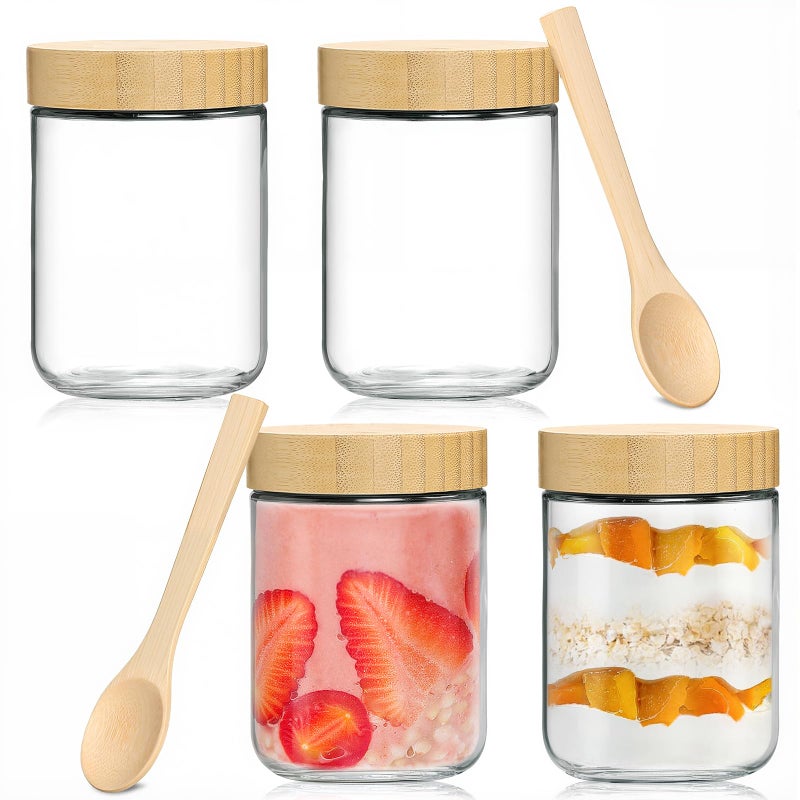 TBWIND 4 Pack 16oz Glass Jars with Bamboo Lids, Spoons, Airtight Overnight Oats Containers, Wide Mouth Mason Jars, Food Storage Container for Yogurt Salad Snacks Spice Sugar Meal Prep â€“ Reusable - Image 1