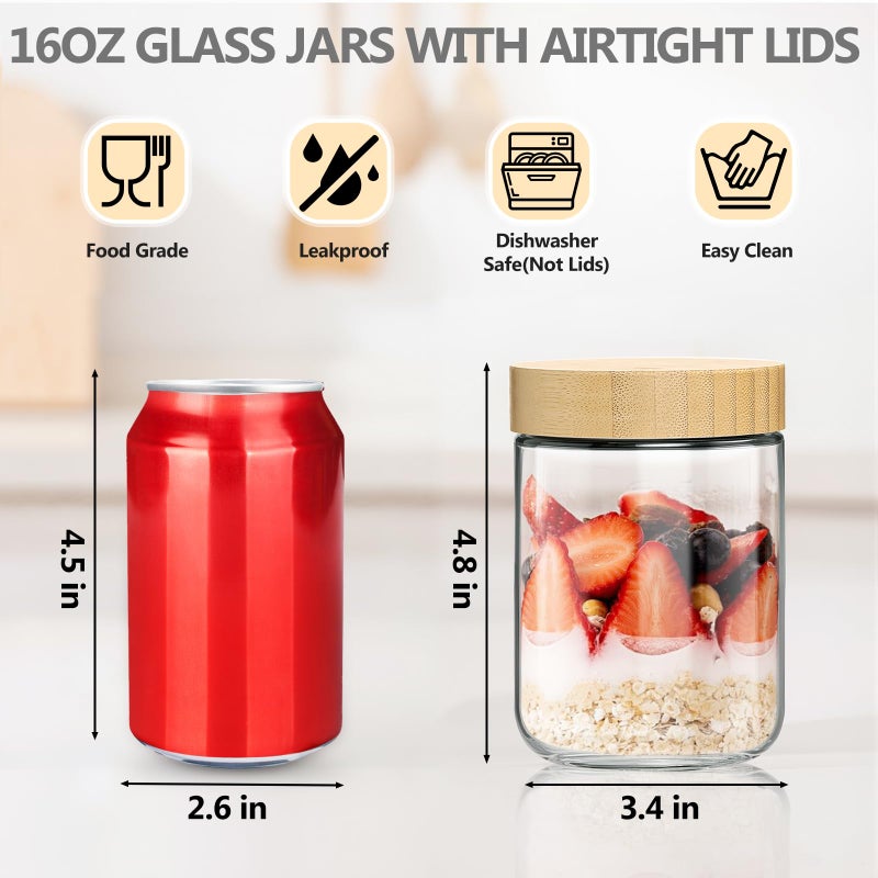 TBWIND 4 Pack 16oz Glass Jars with Bamboo Lids, Spoons, Airtight Overnight Oats Containers, Wide Mouth Mason Jars, Food Storage Container for Yogurt Salad Snacks Spice Sugar Meal Prep â€“ Reusable - Image 3