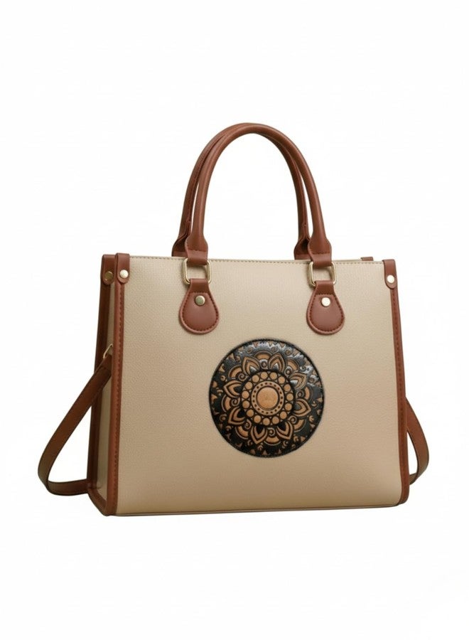 LIKE STYLE Women’s PU Tote Bag with Mandala Design | Laptop Compartment Shoulder & Crossbody Handbag | Office Work & Daily Use Large Tote (Cream) - Image 1