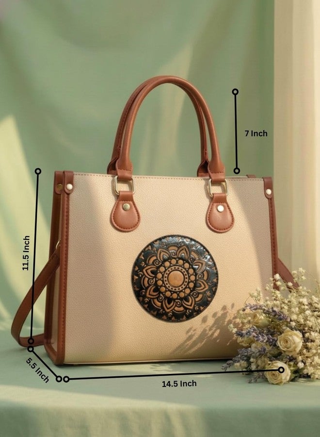 LIKE STYLE Women’s PU Tote Bag with Mandala Design | Laptop Compartment Shoulder & Crossbody Handbag | Office Work & Daily Use Large Tote (Cream) - Image 5