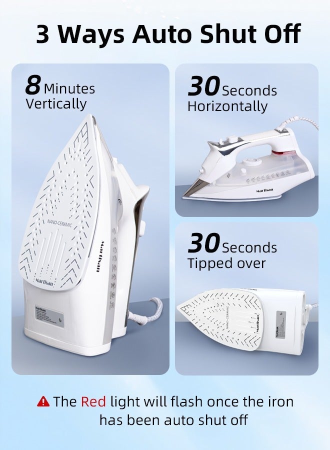 Martisan Powerful 3000W Steam Iron, Nano Ceramic Soleplate, 4-in-1 Iron, Auto Shut Off, Fast Heating Iron Box, Dry Ironing, Spray & Burst, Adjustable Temperature, Self-Cleaning, Anti Drip, Anti Calc, 400ml Large Water Tank, White - Image 5
