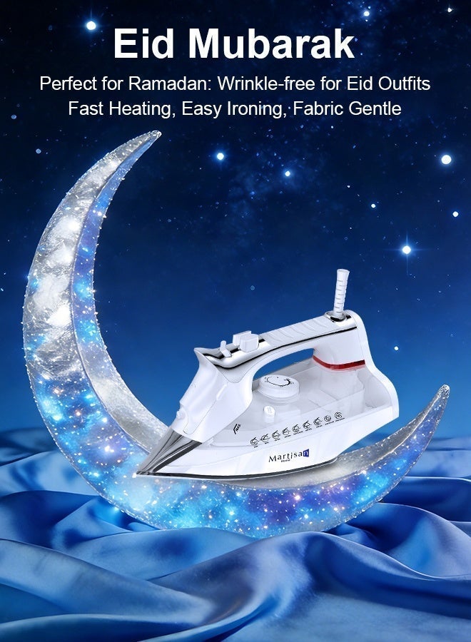 مارتيزان مكواة بخار قوية 3000 واط، قاعدة سيراميك نانو، مكواة 4 في 1، إيقاف تشغيل تلقائي، صندوق مكواة سريع التسخين، كي جاف، رش وتفجير، درجة حرارة قابلة للتعديل، تنظيف ذاتي، مضاد للتنقيط، مضاد للتكلس، خزان مياه كبير 400 مل، أبيض - Image 1