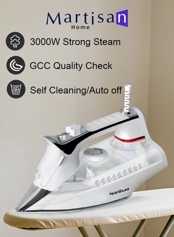 مارتيزان مكواة بخار قوية 3000 واط، قاعدة سيراميك نانو، مكواة 4 في 1، إيقاف تشغيل تلقائي، صندوق مكواة سريع التسخين، كي جاف، رش وتفجير، درجة حرارة قابلة للتعديل، تنظيف ذاتي، مضاد للتنقيط، مضاد للتكلس، خزان مياه كبير 400 مل، أبيض - Image 2