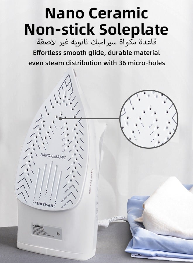 مارتيزان مكواة بخار قوية 3000 واط، قاعدة سيراميك نانو، مكواة 4 في 1، إيقاف تشغيل تلقائي، صندوق مكواة سريع التسخين، كي جاف، رش وتفجير، درجة حرارة قابلة للتعديل، تنظيف ذاتي، مضاد للتنقيط، مضاد للتكلس، خزان مياه كبير 400 مل، أبيض - Image 3
