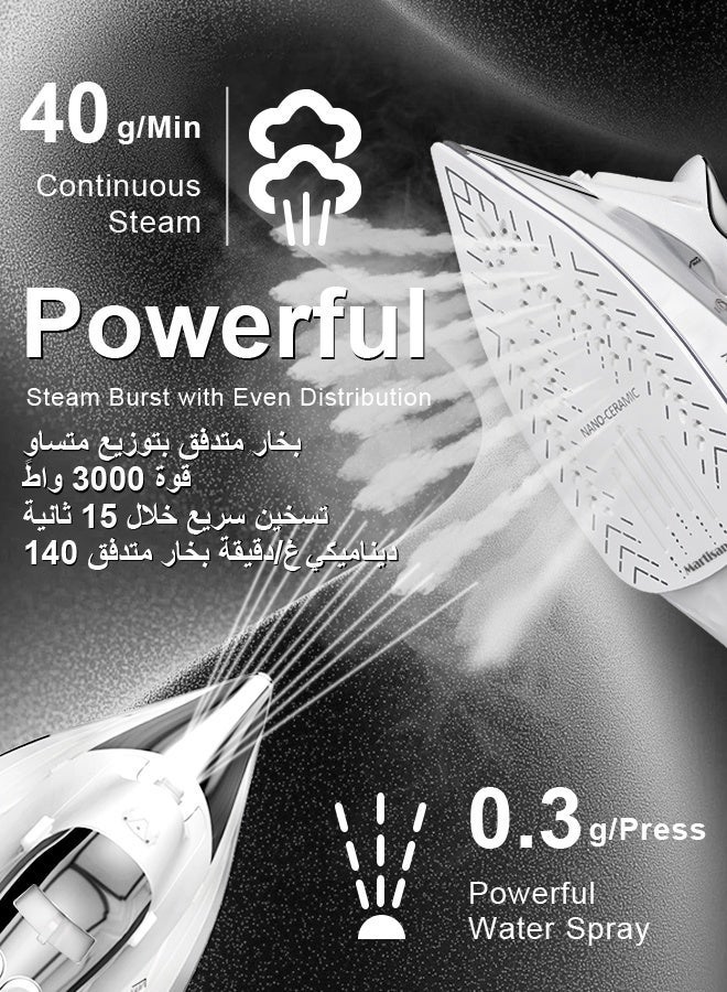 Martisan Powerful 3000W Steam Iron, 200g/min Boost, GCC Quality Pass, Nano Ceramic Soleplate, 4-in-1 Iron, Auto Shut Off, Fast Heating Iron Box, Spray & Burst, Adjustable Temperature, Self-Cleaning, Anti Drip, Anti Calc, 400ml Large Water Tank, White - Image 5