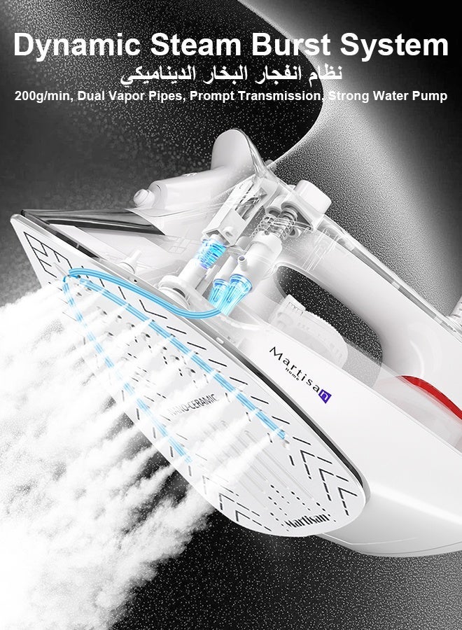 Martisan Powerful 3000W Steam Iron, 200g/min Boost, GCC Quality Pass, Nano Ceramic Soleplate, 4-in-1 Iron, Auto Shut Off, Fast Heating Iron Box, Spray & Burst, Adjustable Temperature, Self-Cleaning, Anti Drip, Anti Calc, 400ml Large Water Tank, White - Image 3