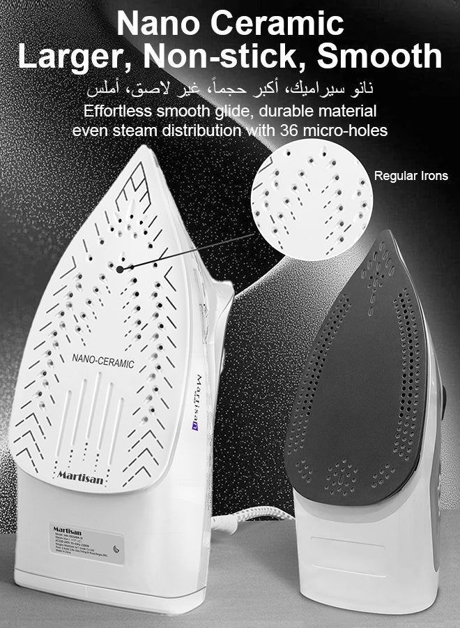 Martisan Powerful 3000W Steam Iron, 200g/min Boost, GCC Quality Pass, Nano Ceramic Soleplate, 4-in-1 Iron, Auto Shut Off, Fast Heating Iron Box, Spray & Burst, Adjustable Temperature, Self-Cleaning, Anti Drip, Anti Calc, 400ml Large Water Tank, White - Image 4