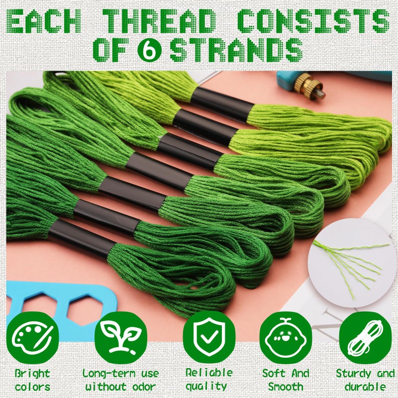 Dercuy 25 Skeins Green Series Cross Floss Stitch Thread, 8m Cotton Embroidery Floss Set with Plastic Bobbins & Needle - Image 3