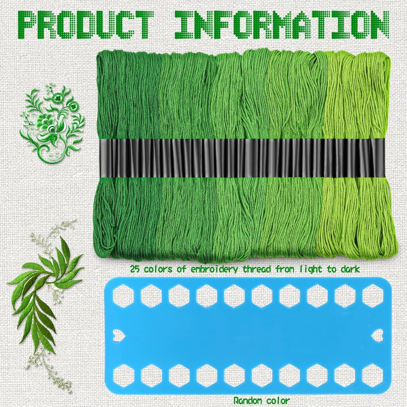 Dercuy 25 Skeins Green Series Cross Floss Stitch Thread, 8m Cotton Embroidery Floss Set with Plastic Bobbins & Needle - Image 4