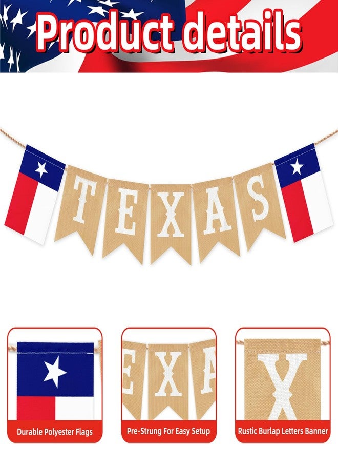 Geodurn Pre-Strung TEXAS Banner with State Flag Panels, Rustic Linen Burlap Letter Garland for Western Cowboy Birthday, Independence Day, Rodeo Party Decorations, Lone Star Country Theme Hanging Bunting - Image 3