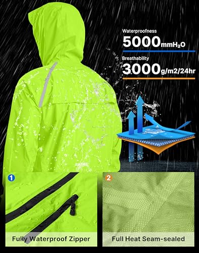 Bikewa Men's Cycling Rain Jackets Waterproof Running Bike Windbreaker Hooded Reflective Biking Windproof Bicycle Riding(Fluorescent Yellow,XXXL) - Image 3