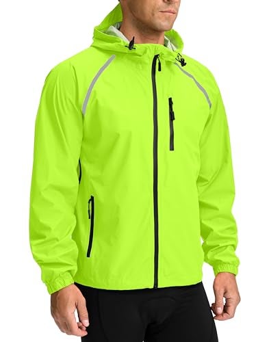 Bikewa Men's Cycling Rain Jackets Waterproof Running Bike Windbreaker Hooded Reflective Biking Windproof Bicycle Riding(Fluorescent Yellow,XXXL) - Image 1