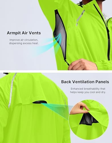 Bikewa Men's Cycling Rain Jackets Waterproof Running Bike Windbreaker Hooded Reflective Biking Windproof Bicycle Riding(Fluorescent Yellow,XXXL) - Image 4