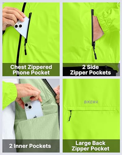 Bikewa Men's Cycling Rain Jackets Waterproof Running Bike Windbreaker Hooded Reflective Biking Windproof Bicycle Riding(Fluorescent Yellow,XXXL) - Image 5