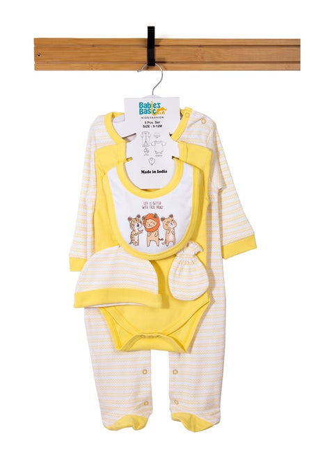5 Piece Unisex 100% Cotton Gift Set Include Bib, Romper, Mittens, Cap And Sleepsuit/Jumpsuit- Life Is Better