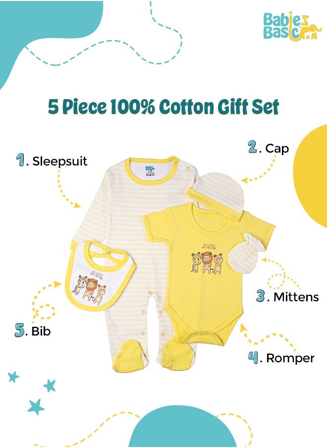 Babies Basic - 5 Piece Unisex 100% Cotton Gift Set Include Bib, Romper, Mittens, Cap And Sleepsuit/Jumpsuit- Life Is Better - Image 1