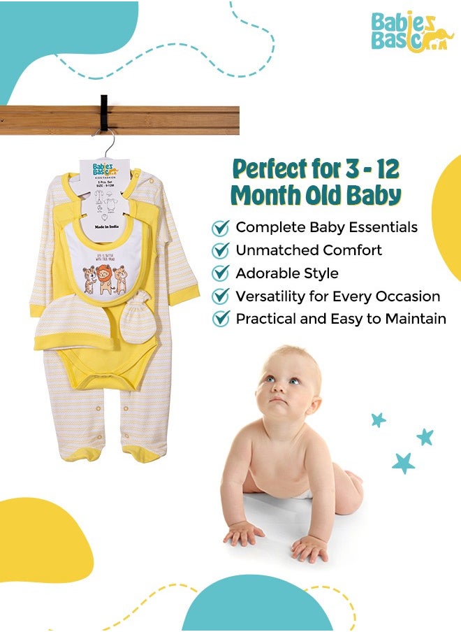 Babies Basic - 5 Piece Unisex 100% Cotton Gift Set Include Bib, Romper, Mittens, Cap And Sleepsuit/Jumpsuit- Life Is Better - Image 1