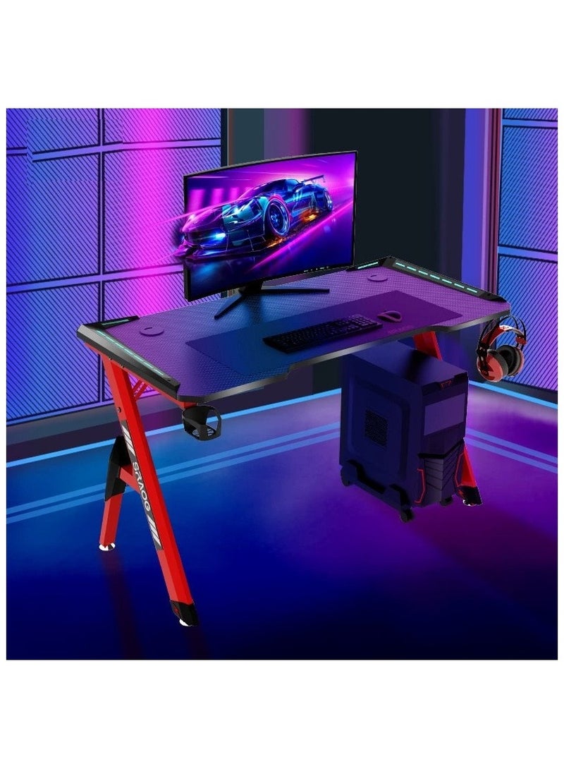 منزل منظم طاولة ألعاب مع مكتب كمبيوتر من ألياف الكربون مع مصابيح LED وإضاءة RGB مع خطاف سماعة رأس وحامل أكواب ومحطة عمل للألعاب - Image 2