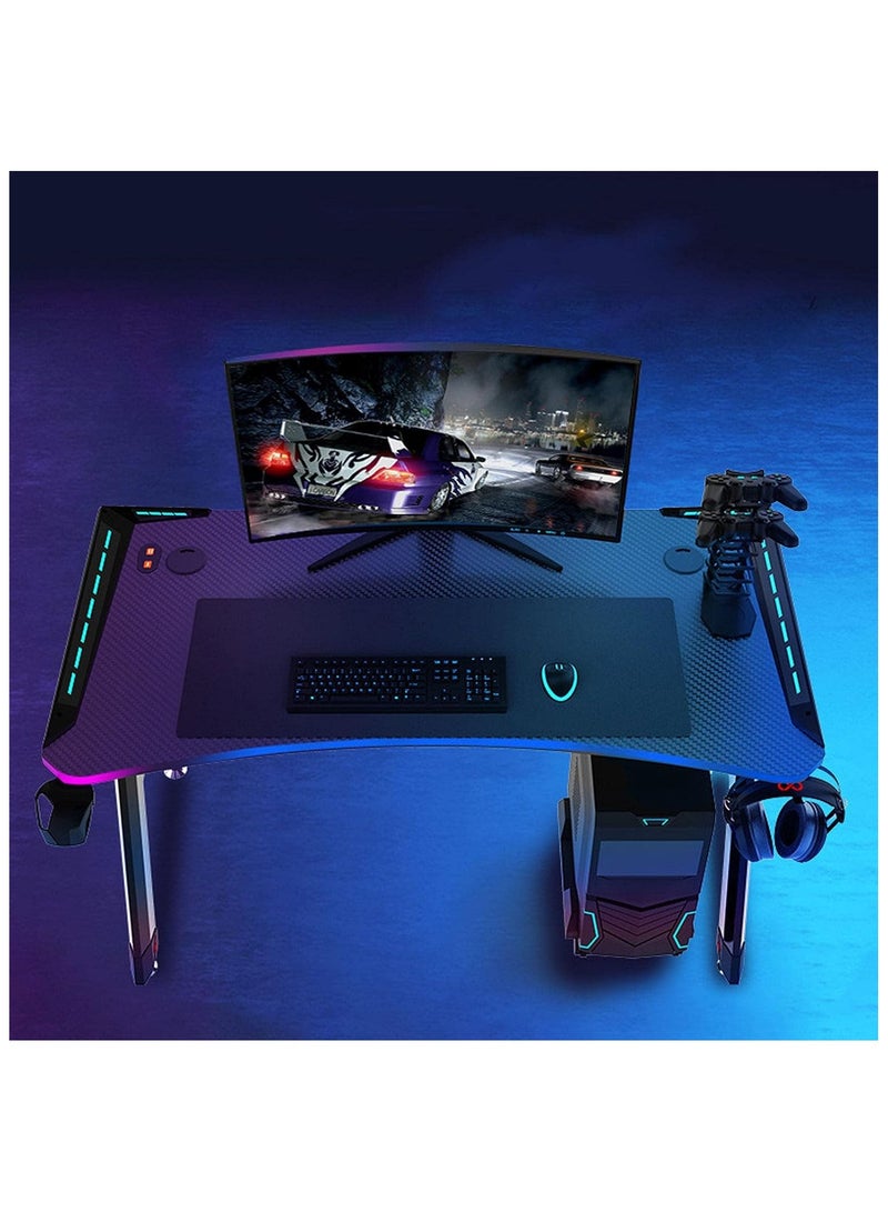منزل منظم طاولة ألعاب مع مكتب كمبيوتر من ألياف الكربون مع مصابيح LED وإضاءة RGB مع خطاف سماعة رأس وحامل أكواب ومحطة عمل للألعاب - Image 5