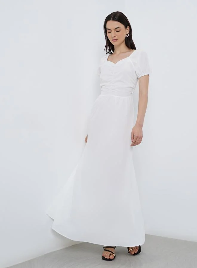 Take Two Take Two Solid Puff Sleeve Sweetheart Neck Midi Dress