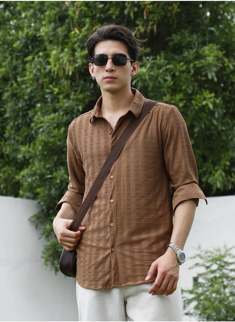 كامبوس سوترا Men's Textured Brown Full Sleeve Shirt