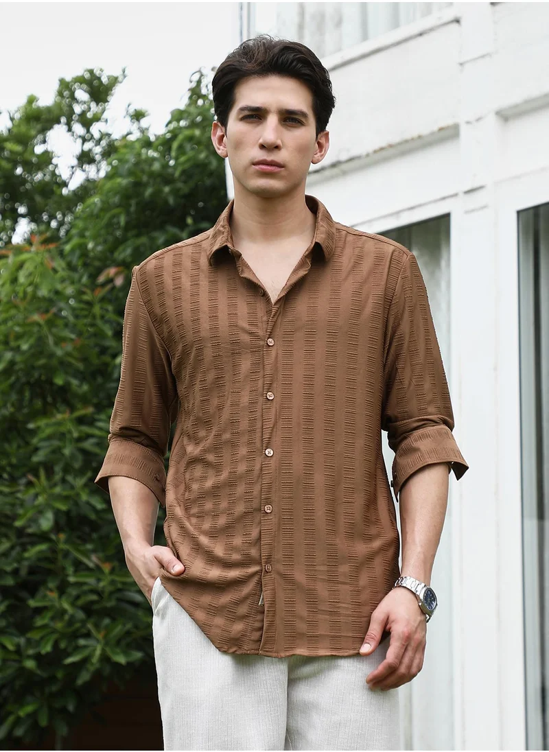 كامبوس سوترا Men's Textured Brown Full Sleeve Shirt