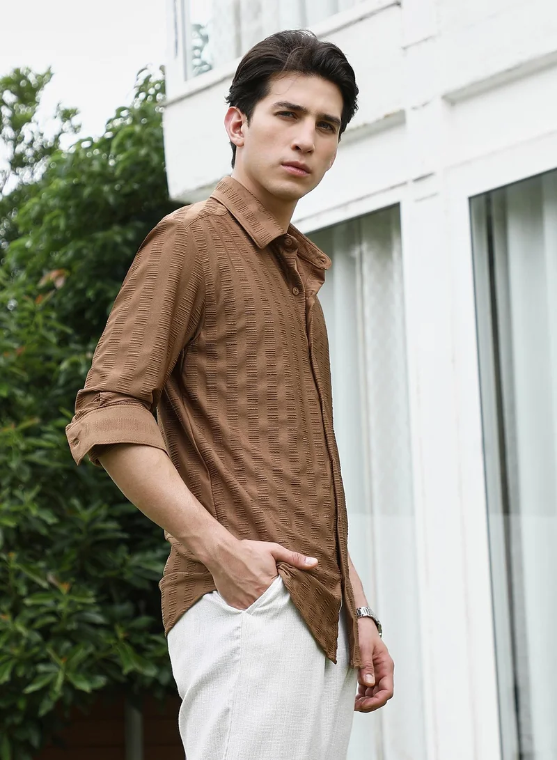 Campus Sutra Men's Textured Brown Full Sleeve Shirt